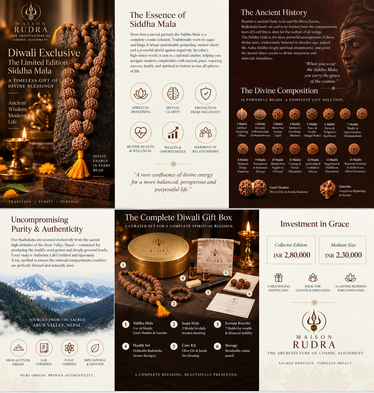 The Maison Rudra Diwali gift box with the Siddha Mala, jaapa mala, bracelet, care kit and certificate