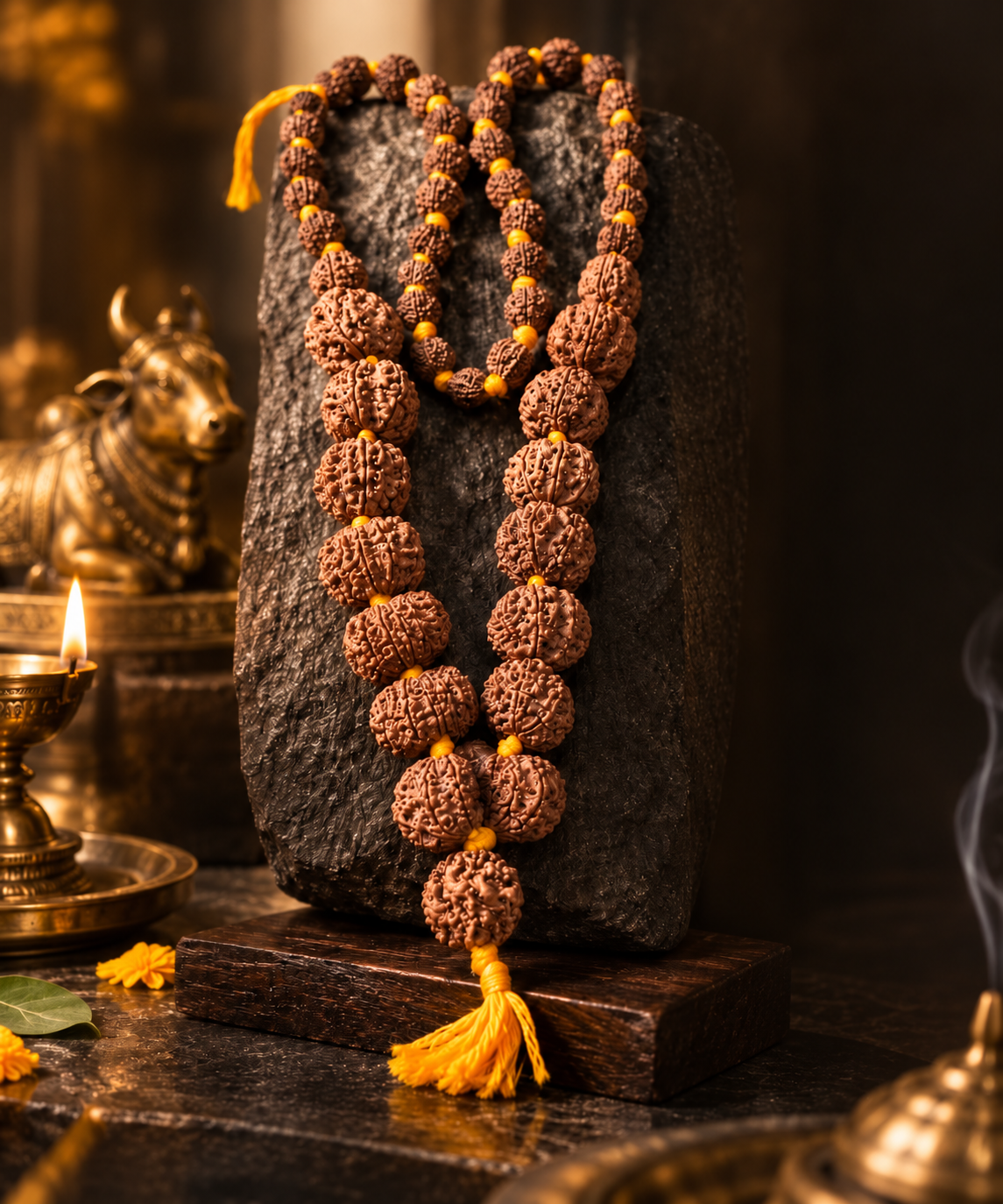 Collector Siddha Mala displayed with a brass Nandi and ceremonial diya
