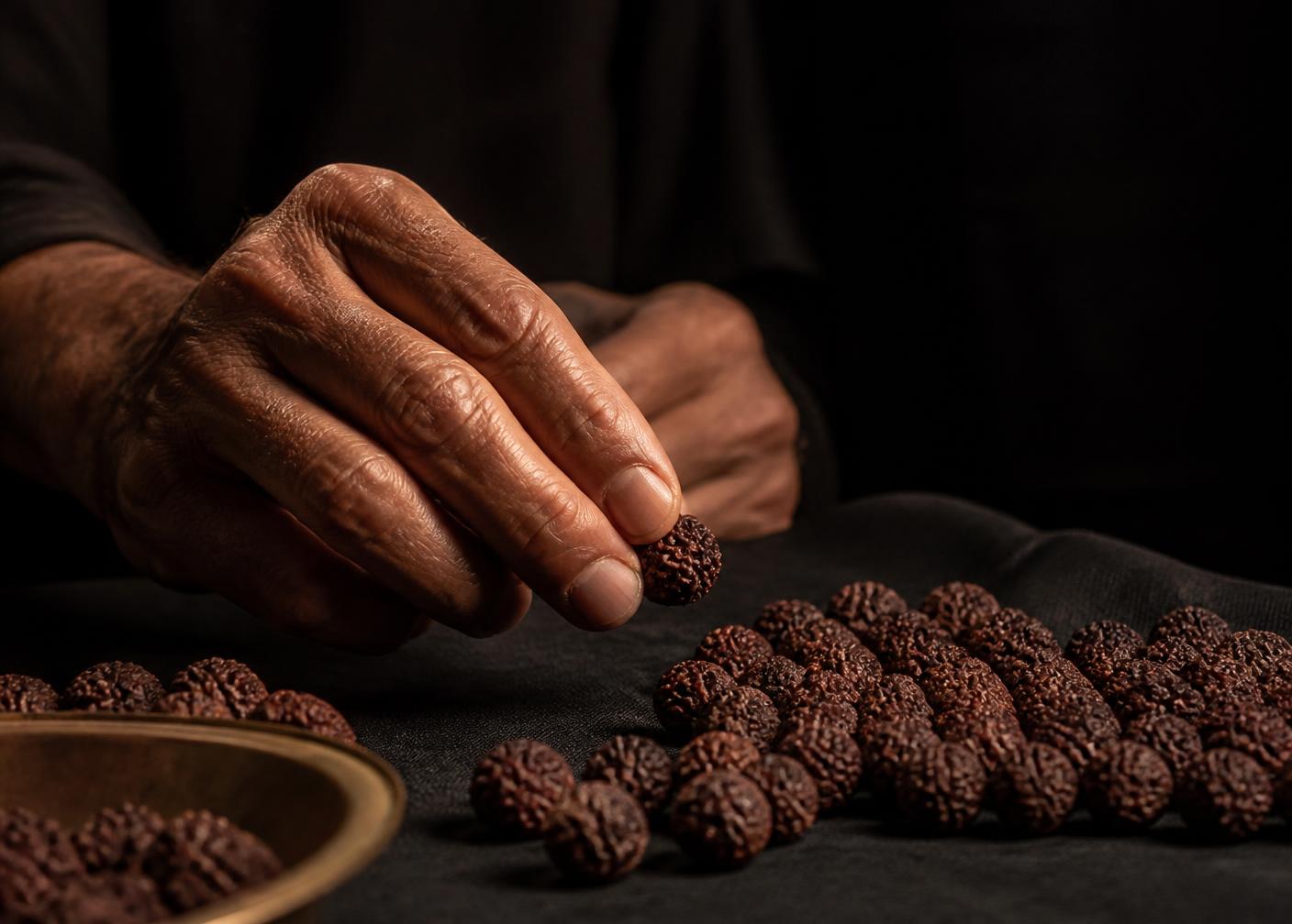 Hands selecting Rudraksha beads on dark linen
