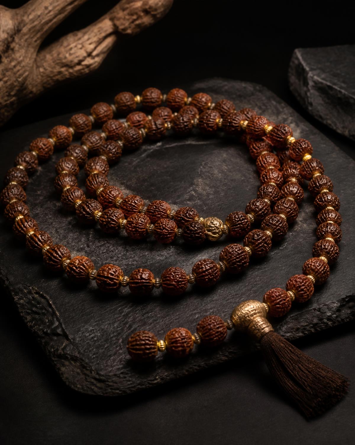 Rudraksha mala with fine gold spacers on black stone