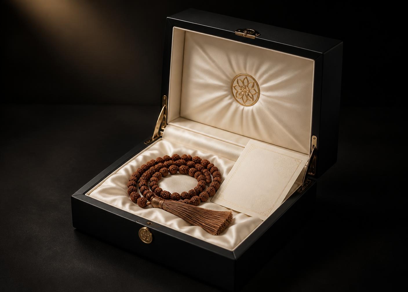 Maison Rudra black lacquer presentation box with mala and certificate