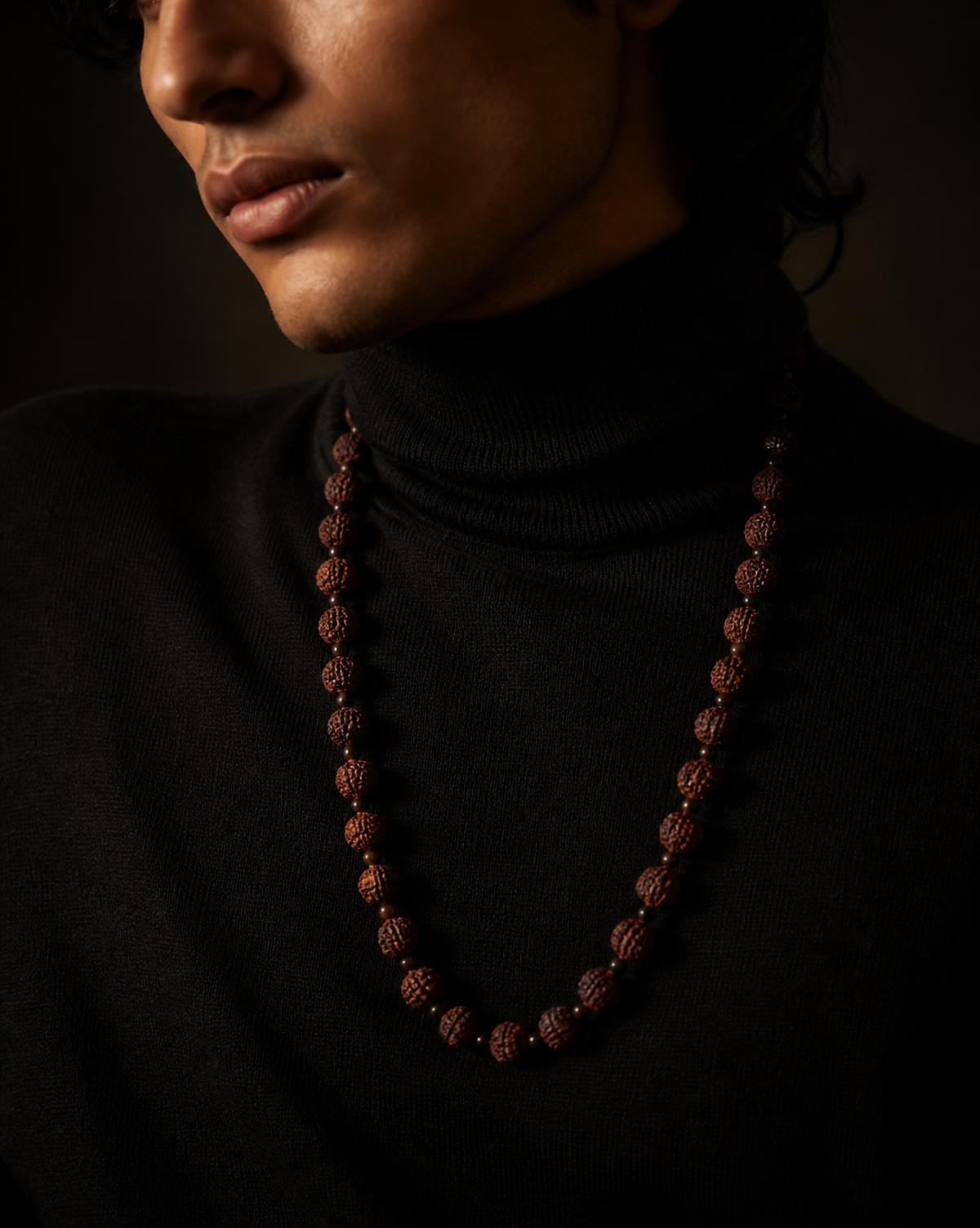 Rudraksha mala worn with black cashmere